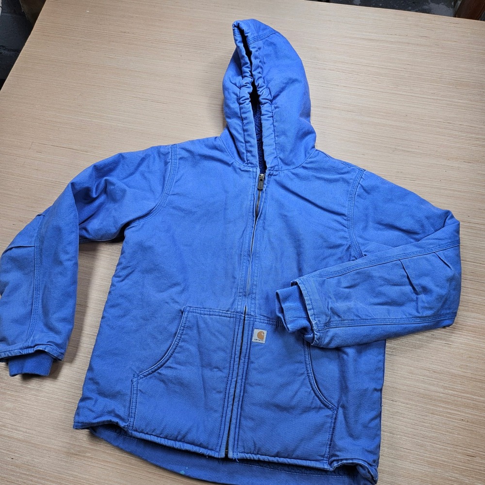 Carhartt Active Jacket Youth L Blue Canvas Sherpa Lined Full Zip Hooded Coat
